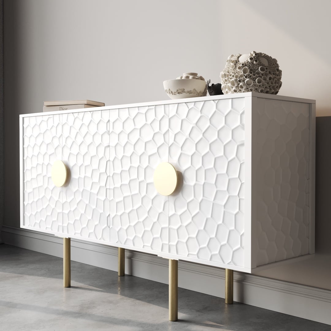 Luna 60 Side Cabinet-d The Luna 60" Sideboard, featuring textured, honeycomb-patterned doors and large circular handles, stands against a wall. It is adorned with various ceramic items on top.