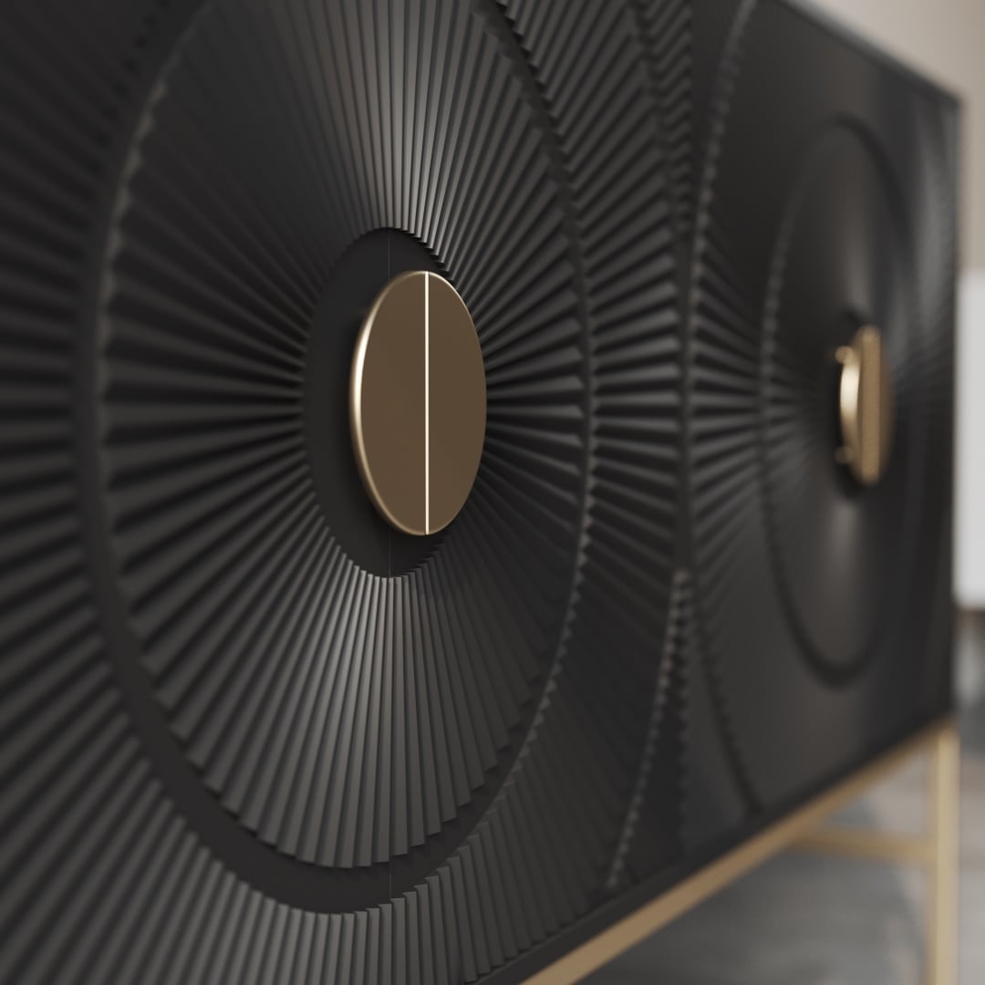 Orbita 60 Side Cabinet-c Close-up of the Orbita 60" Sideboard, featuring modern textured circular patterns and gold handles.