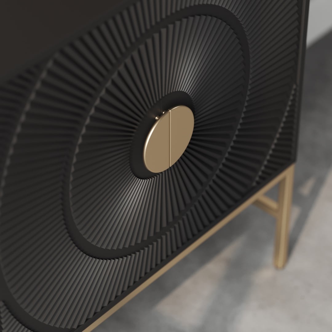 Orbita 60 Side Cabinet-e Close-up of the Orbita 60" Sideboard's textured black cabinet door, featuring a circular pattern and a central golden handle, with gold-colored legs partially visible.