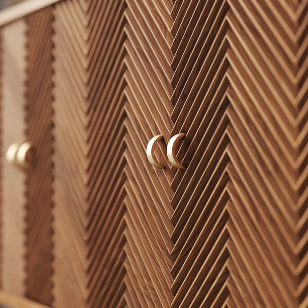 Vista 60 Side Cabinet-c Close-up view of the Vista 60" Sideboard, featuring a herringbone pattern and metallic crescent-shaped handles.