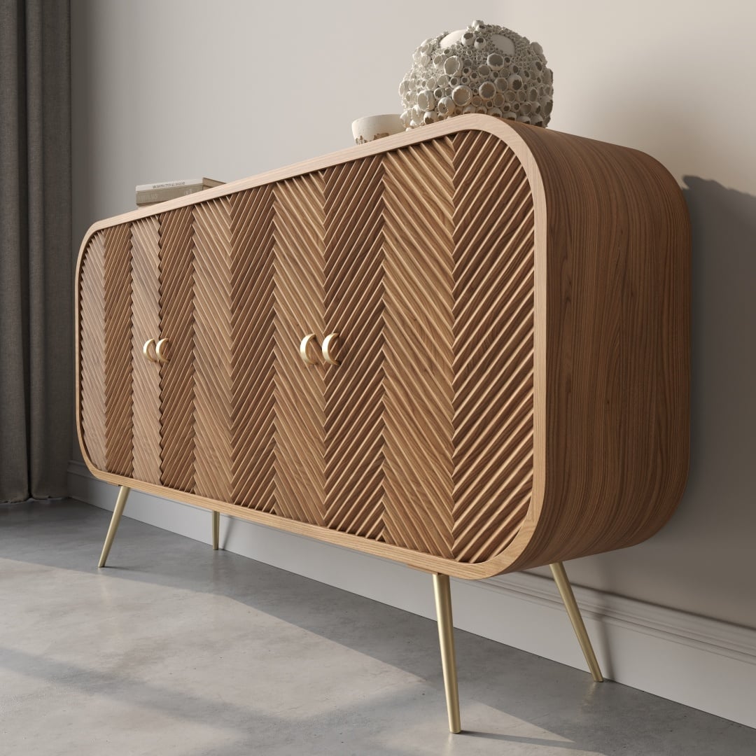Vista 60 Side Cabinet-d The Vista 60" Sideboard, featuring zigzag patterned doors and four slender legs, stands against a wall, adorned with decorative items such as a sculpted object on top.