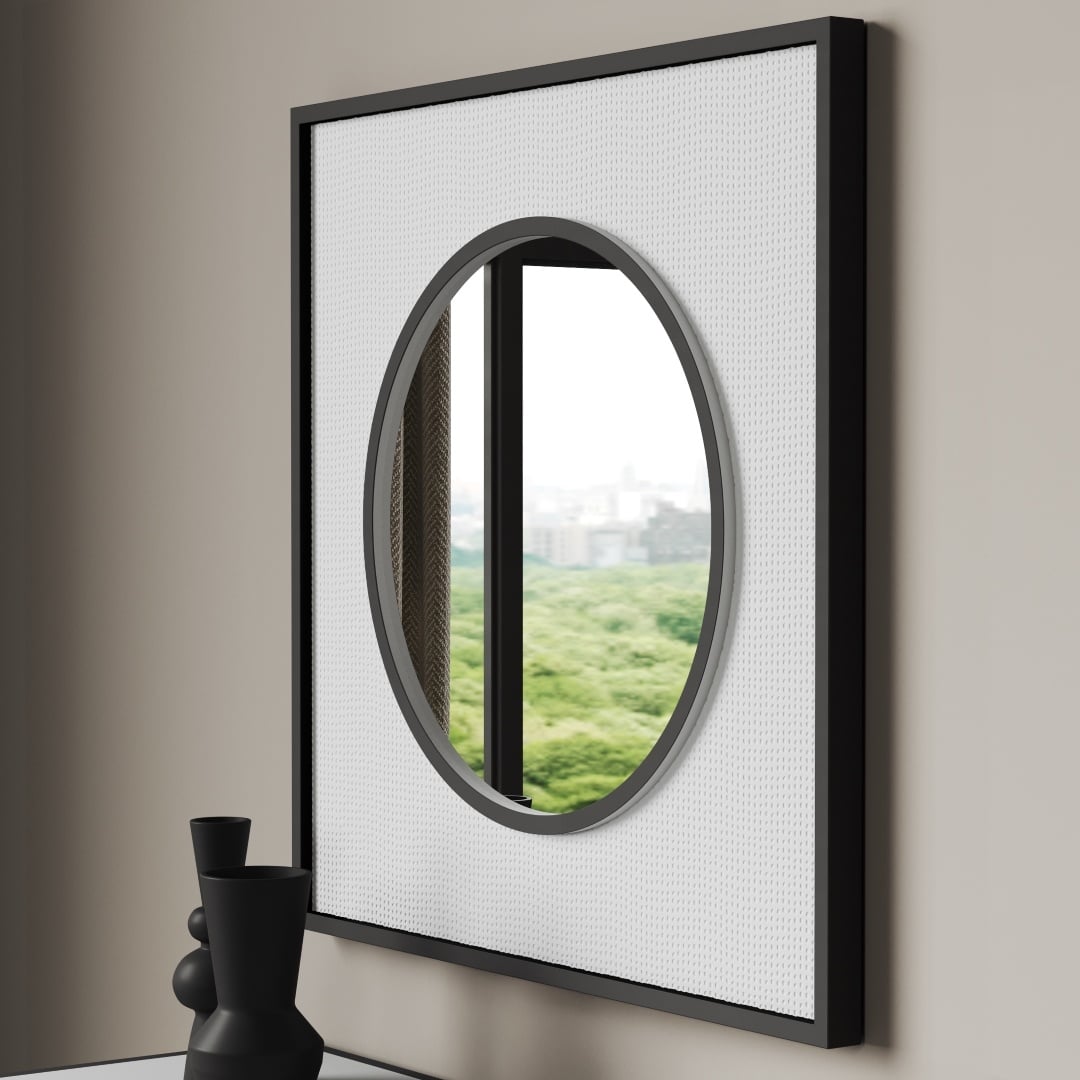 Estrella 35 X 35 Square Mirror 3 The Estrella 35" X 35" Square Mirror features a circular center section that reflects a view of green trees and distant buildings, with black vases artfully placed in front.