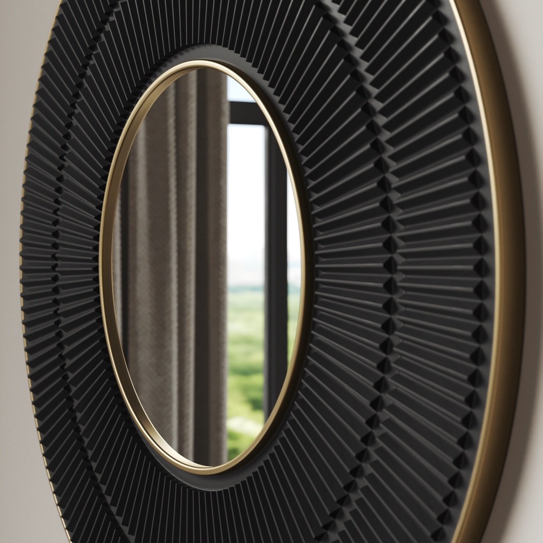 Orbita 30 Mirror 3 A close-up of the Orbita 30" Mirror, featuring a textured black frame with a gold inner border, reflecting a window with curtains and a blurred outdoor view.