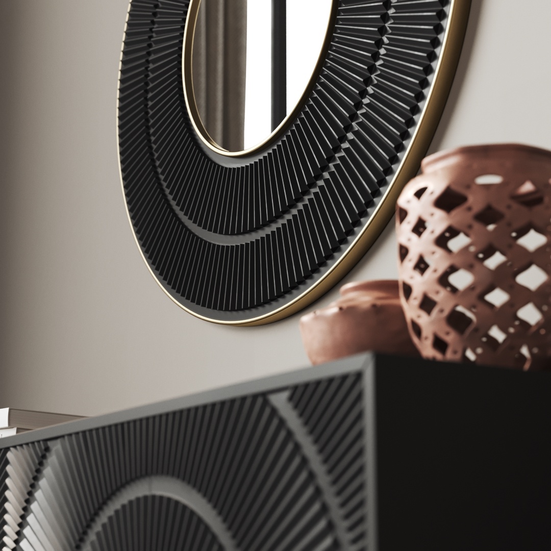 Orbita 30 Mirror 4 The Orbita 30" Mirror with a patterned frame hangs on a wall. Below, a dark-colored furniture piece and two brown, perforated decorative vases are visible.