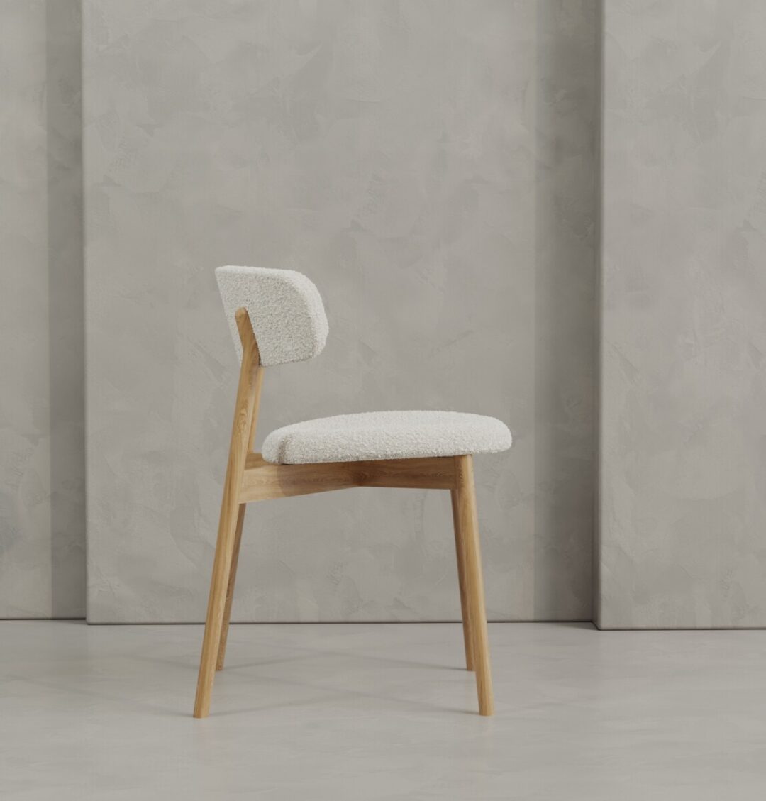 1 . Alto Wood The Alto 20" Dining Chair (Wood), featuring a light-colored cushioned seat and backrest, is placed in front of a textured gray wall.