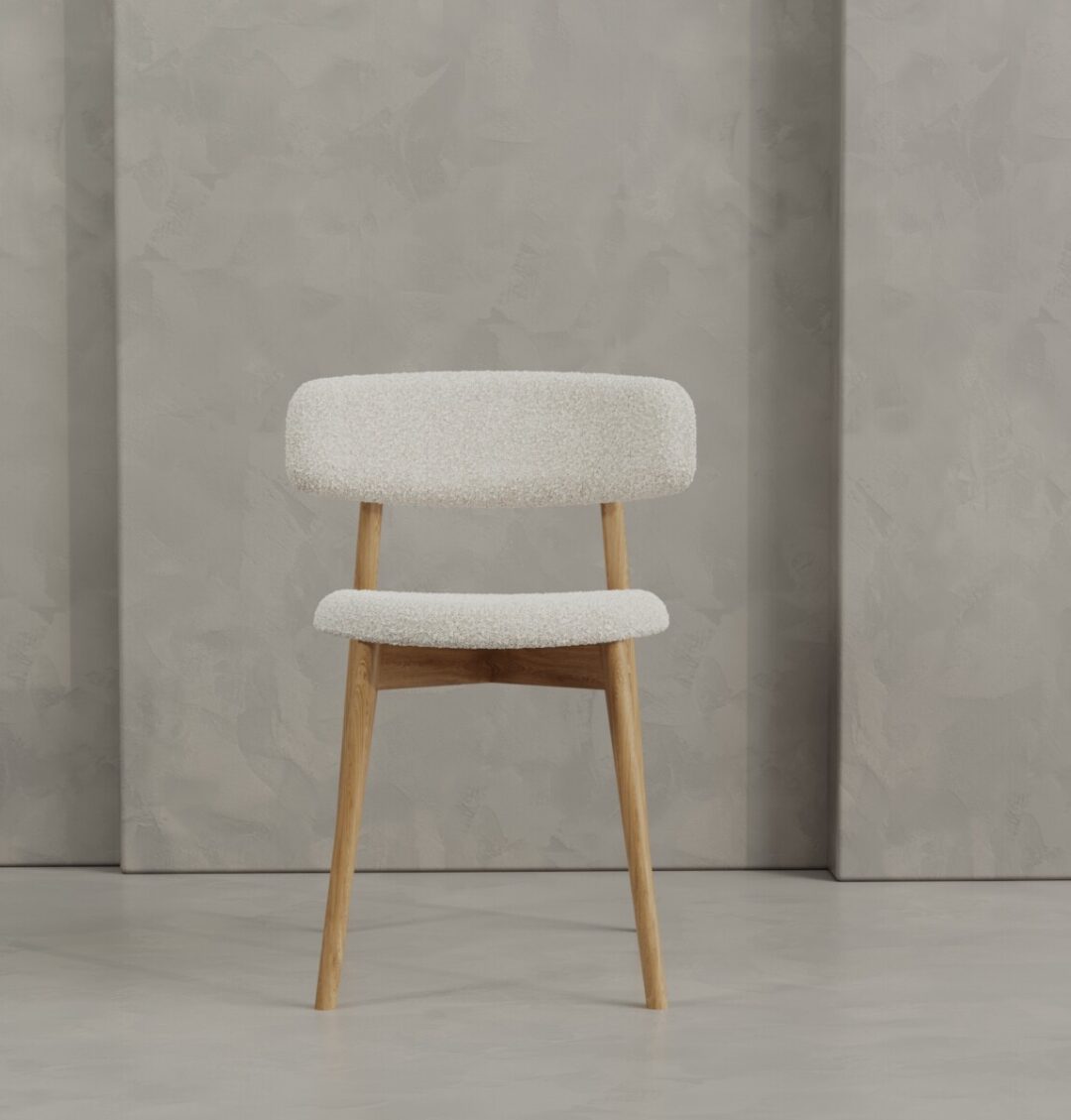 2 Alto Wood The Alto 20" Dining Chair (Wood) features light wood legs and a white upholstered seat and backrest, shown against a textured gray wall and floor.