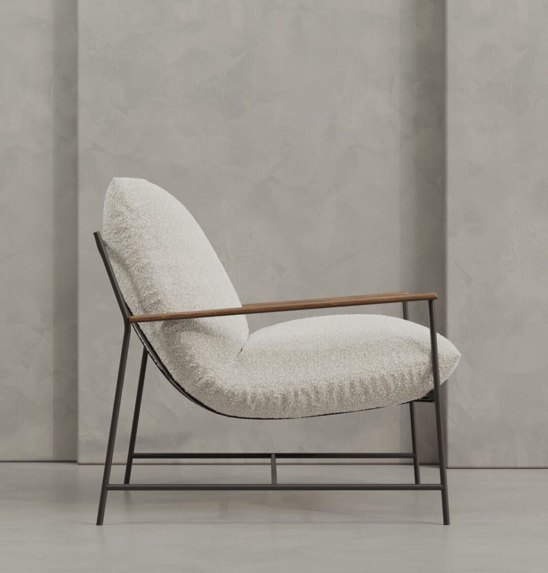 2 Aspen The Aspen 30" Lounge Chair features a white textured cushion, black metal frame, and wooden armrests, shown against a gray concrete wall.