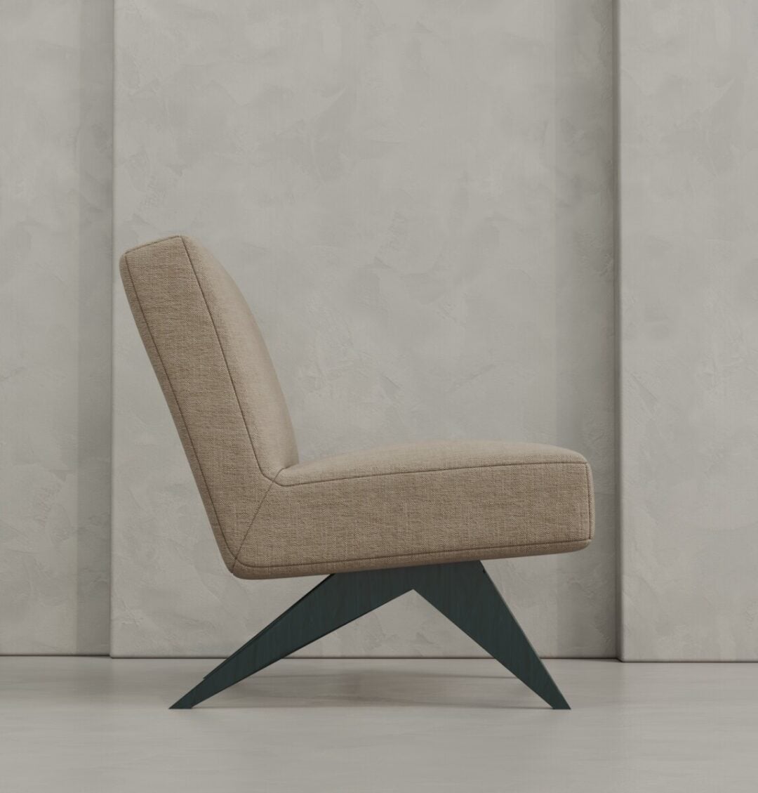 2 Laurel The Laurel 27" Lounge Chair features modern beige upholstery and angled black wooden legs, shown in profile against a textured light gray wall.