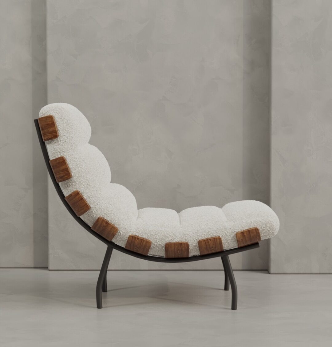 2 OSLO The Oslo 24" Lounge Chair features a curved black frame, white tufted upholstery, and exposed wooden side accents, set against a gray textured wall.