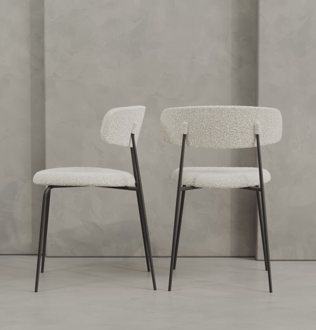 3 Alto Metal METAL Two Alto 20" Dining Chairs (Metal) with white textured upholstery and black metal legs are placed side by side against a gray textured wall.