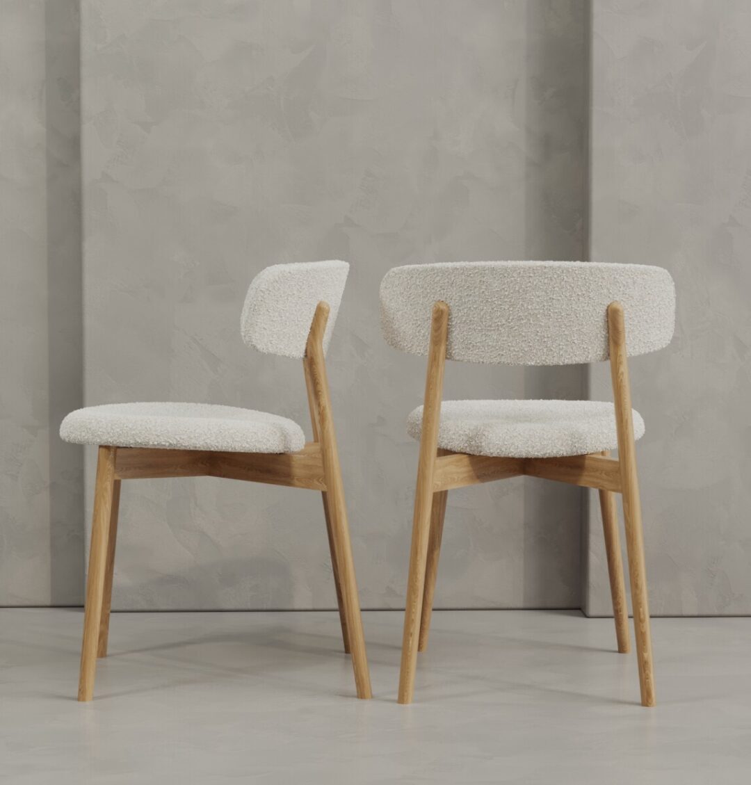 3 Alto Wood Two Alto 20" Dining Chairs (Wood) with light wood frames and white upholstered seats and backs, placed on a smooth floor against a textured gray wall.