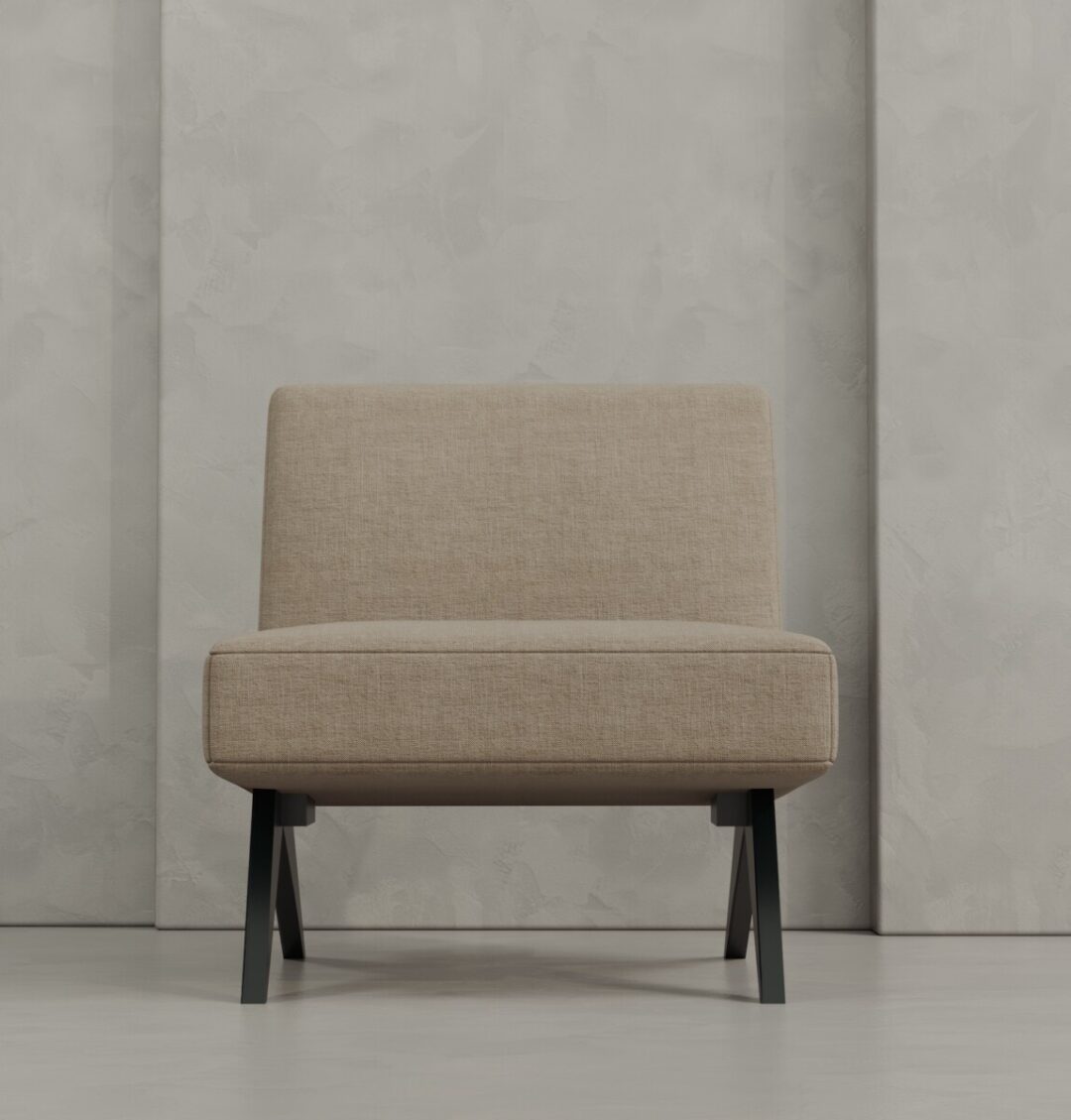 3 Laurel The Laurel 27" Lounge Chair features beige upholstery, no arms, and black legs, set against a textured light gray wall.