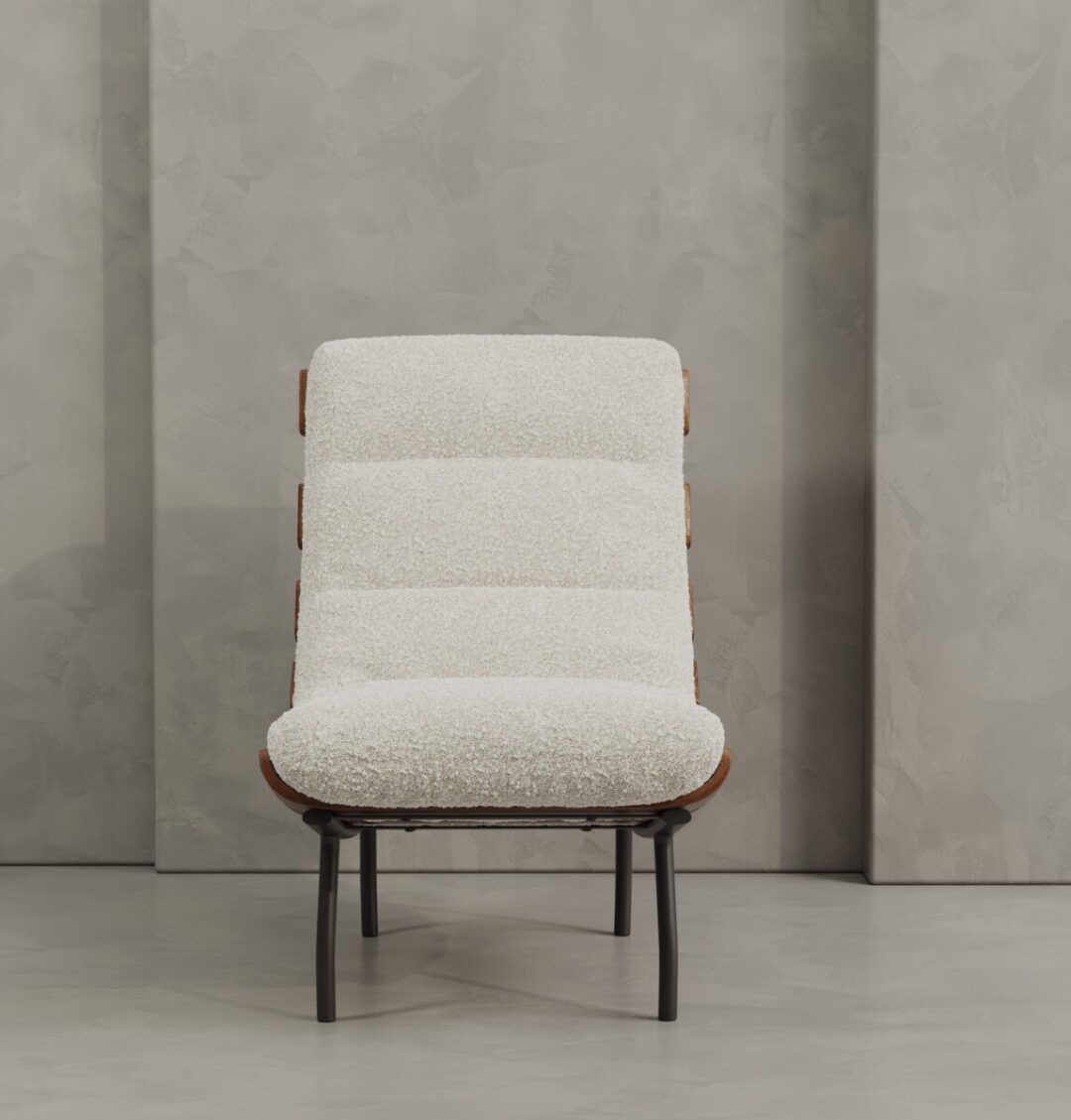 3 OSLO The Oslo 24" Lounge Chair features a textured white cushion and sleek black metal legs, showcased against a gray textured wall and floor.