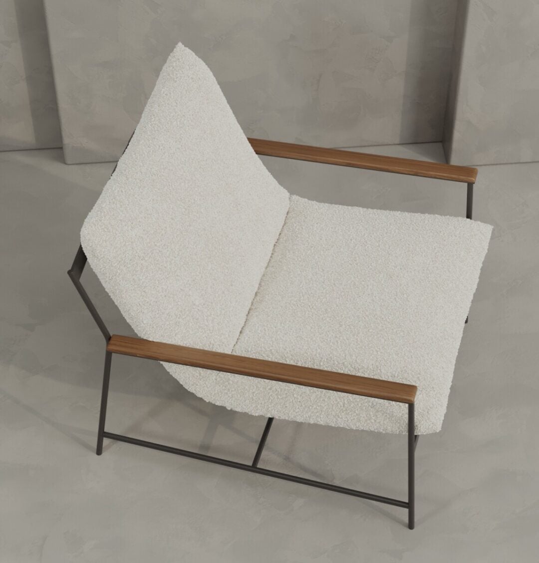 4 Aspen The Aspen 30" Lounge Chair features cream upholstery, a black metal frame, and wooden armrests, displayed against a neutral background.