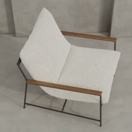 The Aspen 30" Lounge Chair features cream upholstery, a black metal frame, and wooden armrests, displayed against a neutral background.