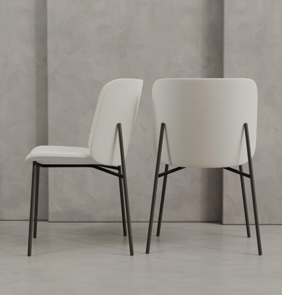 4 Kora Two Kora 20" Dining Chairs in modern white with black metal legs are positioned in front of a gray textured wall; one is shown from the side, the other from the back.