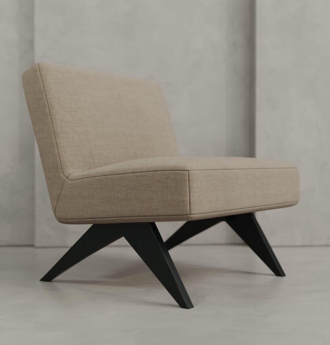 4 Laurel The Laurel 27" Lounge Chair, upholstered in beige with angled black wooden legs, sits on a light gray floor against a textured gray wall.