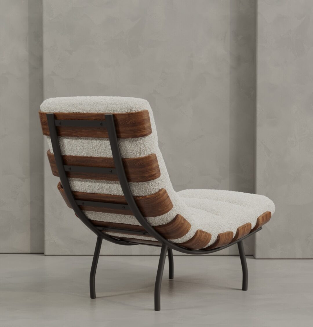 4 OSLO The Oslo 24" Lounge Chair features a black metal frame, curved wooden supports, and white cushioned upholstery, set on a light gray floor with a textured gray wall backdrop.