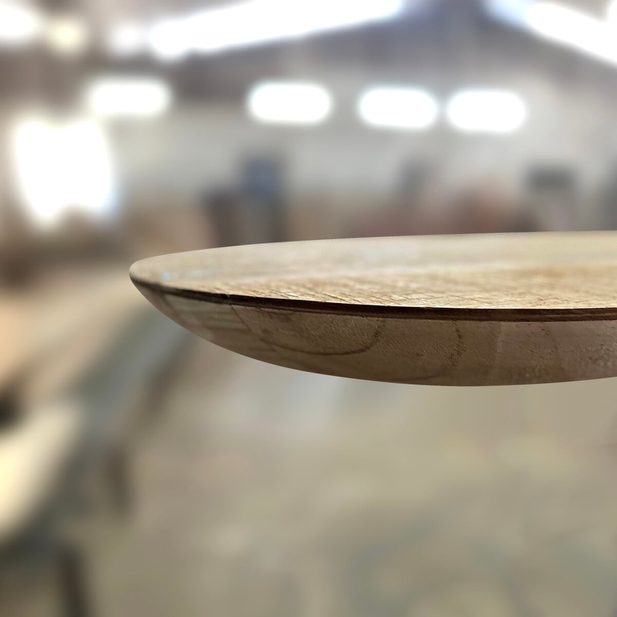 A close-up side view of a round, unfinished wooden plate with a blurred workshop background.