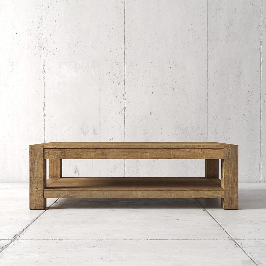 Rectangular wooden coffee table with a lower shelf, placed on a light-colored tiled floor against a plain concrete wall.