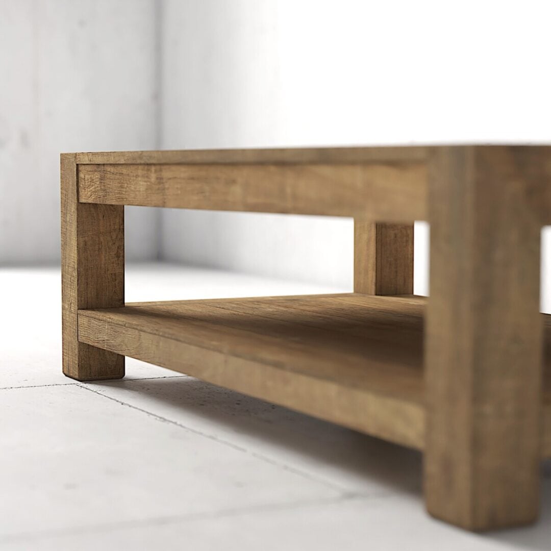 Villa Coffee Table 60 06 A wooden coffee table with a lower shelf stands on a white tiled floor against a plain white wall in a minimalist room.