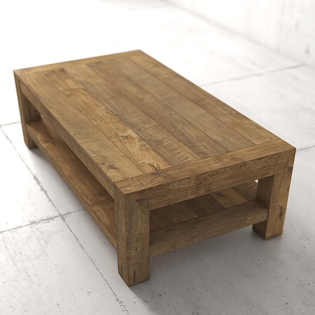 Villa Coffee Table 60 08 Rectangular wooden coffee table with a lower shelf, placed on a tiled white floor in a minimalist setting.