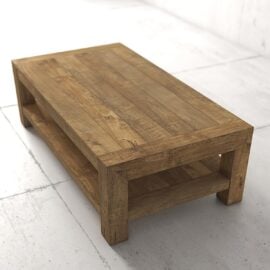 Rectangular wooden coffee table with a lower shelf, placed on a tiled white floor in a minimalist setting.