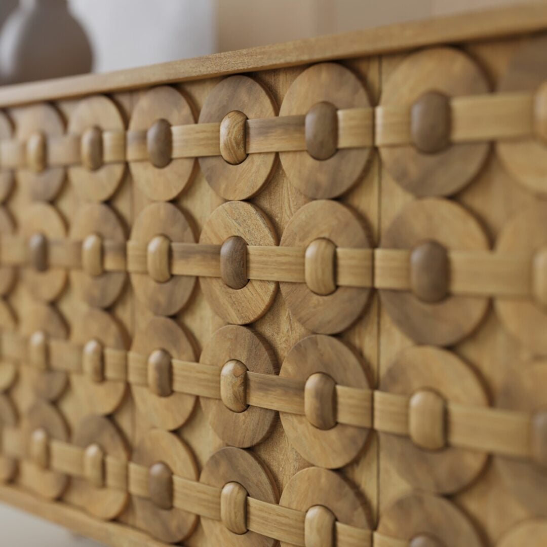 Kinta 71in Sideboard-03 Close-up of the Kinta Sideboard's wooden surface, showcasing an intricate geometric pattern of interlocking circles and rectangles.