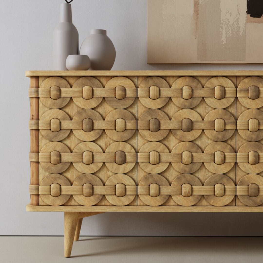Kinta 71in Sideboard-04 The Kinta Sideboard is a wooden cabinet featuring a decorative pattern.
