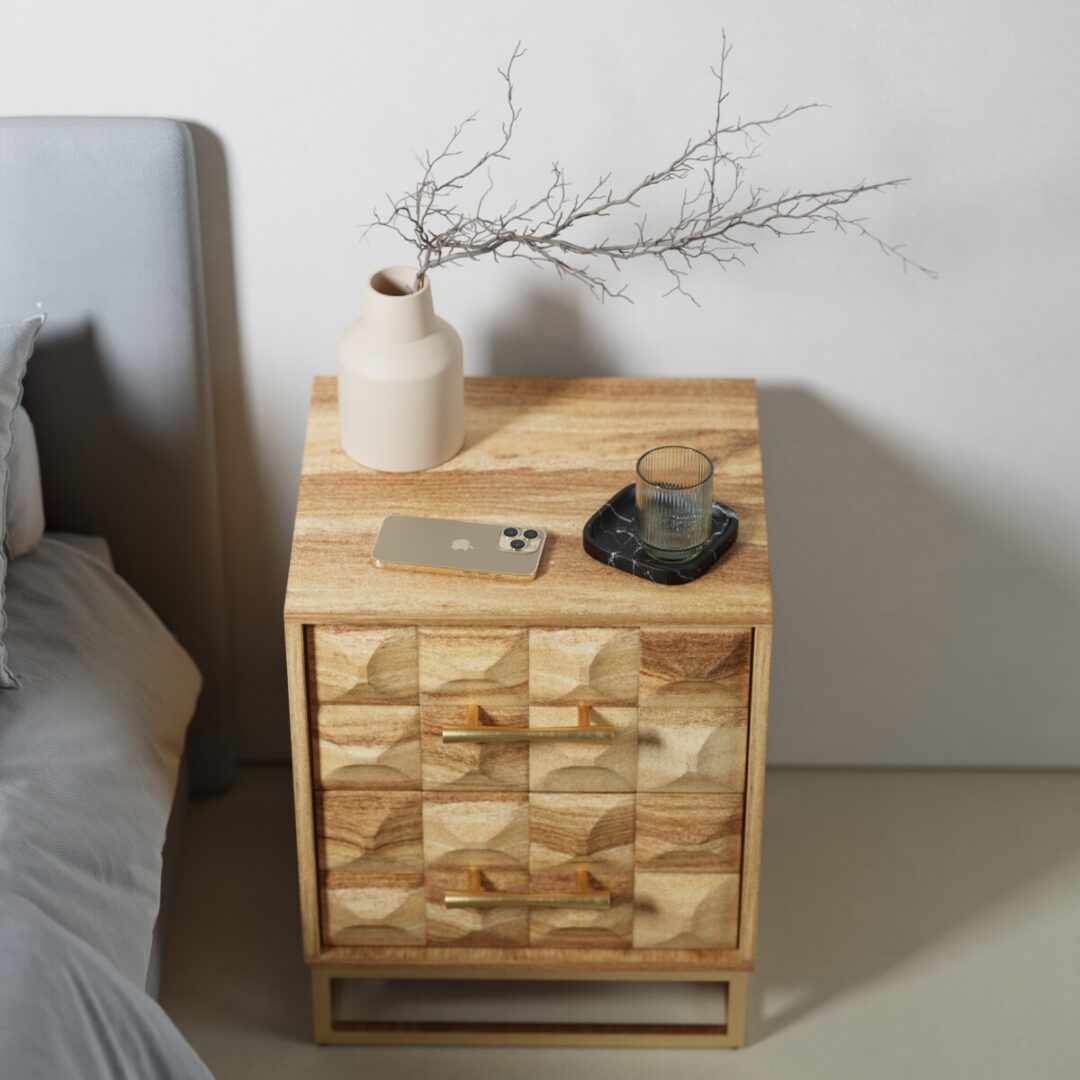 Wadi 18in Nightstand-03 The Wadi Nightstand, featuring a geometric wooden design, holds a beige vase with branches, a smartphone, a tray, and a glass. Part of a bed appears on the left.