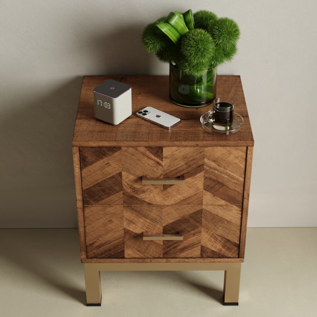 Zera Nightstand-03 The Zera Sideboard holds a smart clock, a smartphone, a glass of espresso on a saucer, and a vase with green flowers.