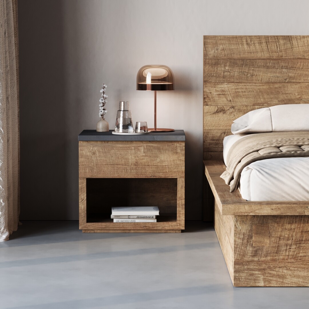 Montara Bed+Nightstand-1 Beside the Montara Bed with beige bedding, a wooden nightstand holds a lamp, glass pitcher, cup, and decorative branch; a book and magazine are stored on the shelf below.