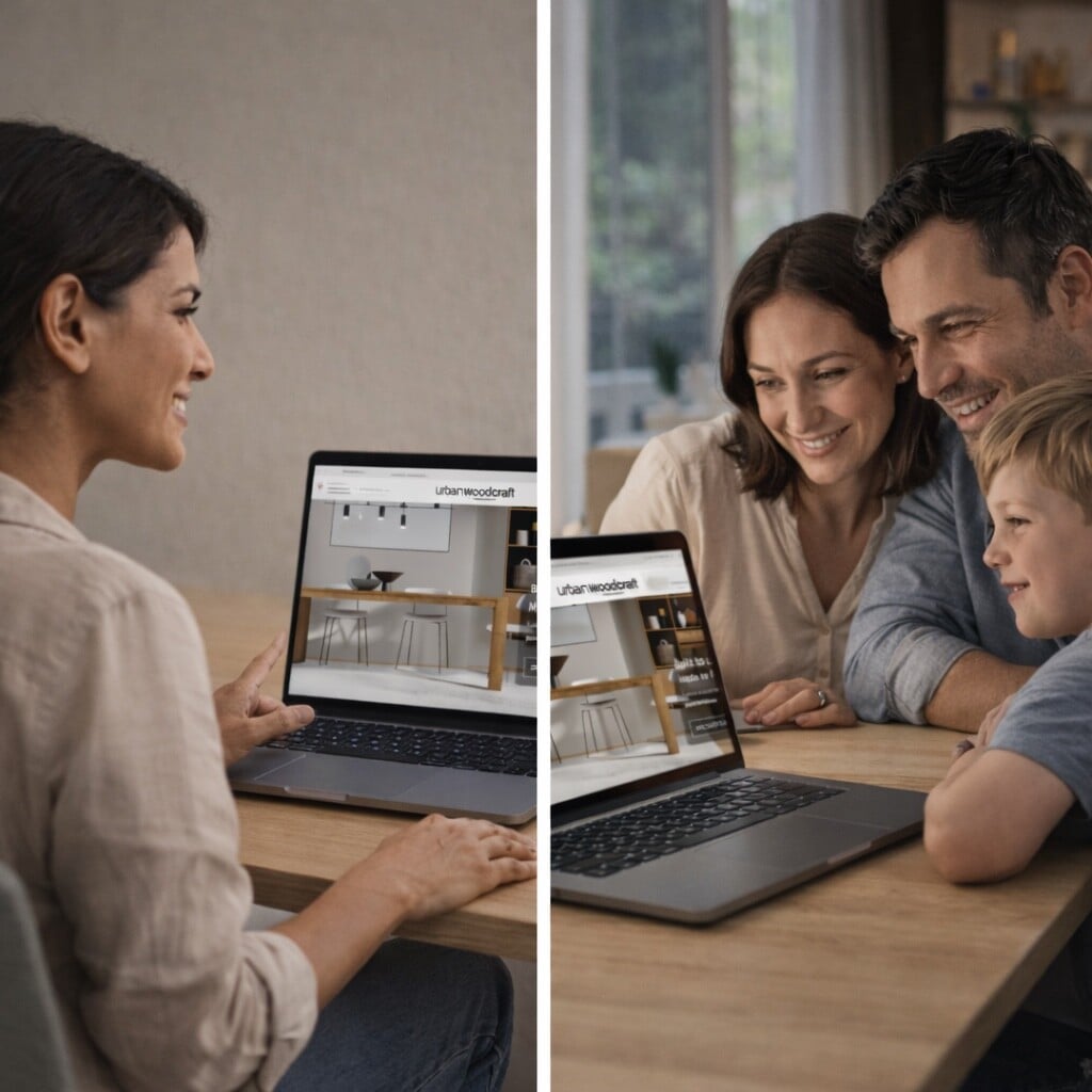 A woman video chats on a laptop with a smiling family of three; both screens show a website featuring modern kitchen designs.