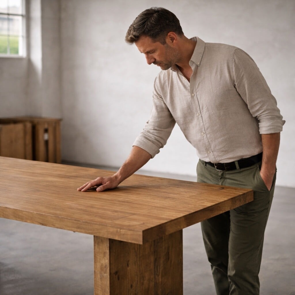 A man in a light shirt and green pants stands beside a wooden table, touching its surface with one hand in a bright, minimal room.