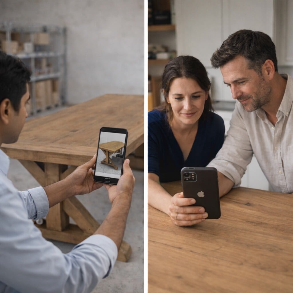 A man takes a photo of a wooden table with his phone; a man and woman view something together on a phone while sitting at a wooden table.